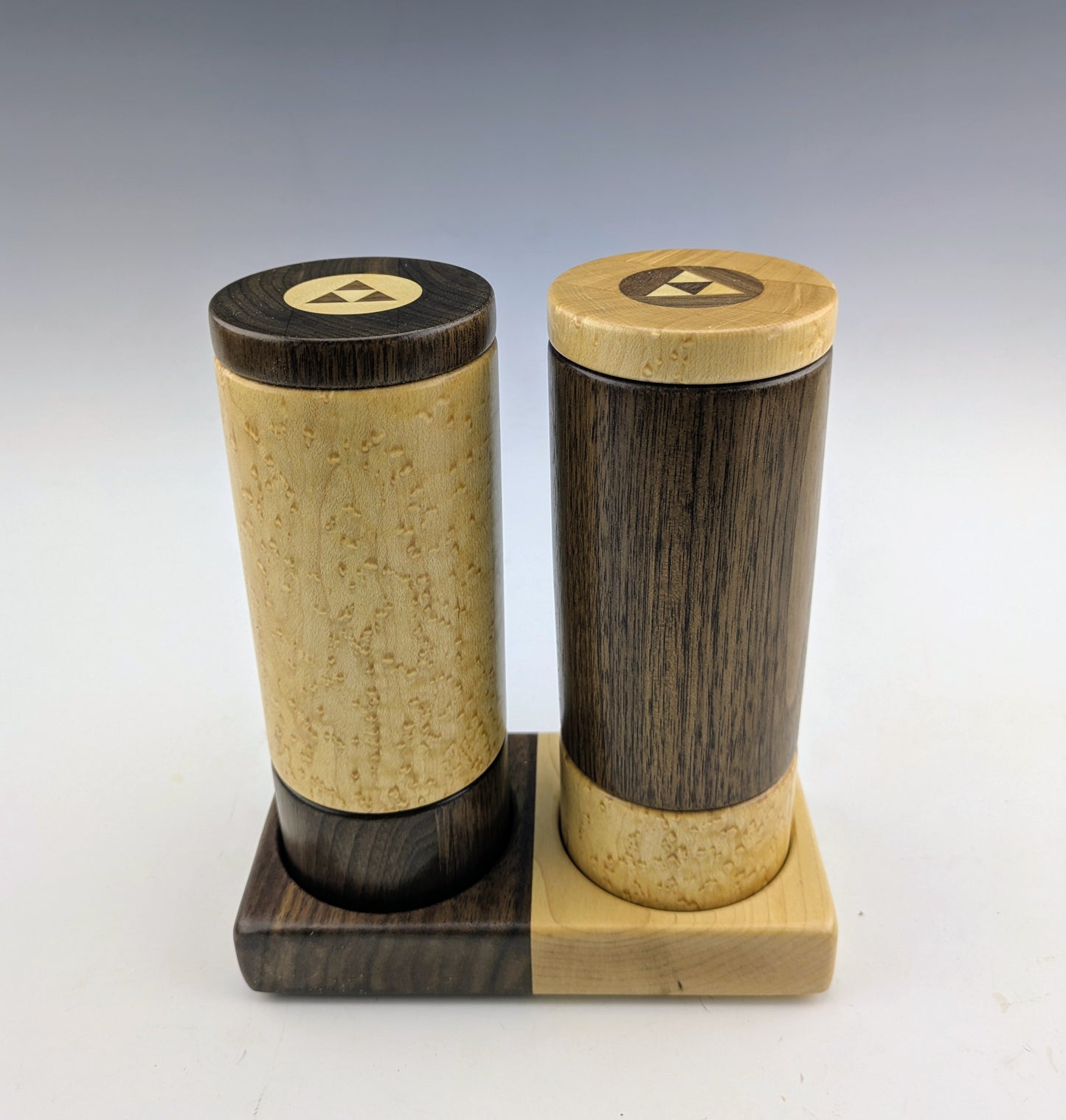 Crushgrind shaftless Spice grinder set with inlayed screw lids Made in Canada by roysbox with birdseye maple and walnut