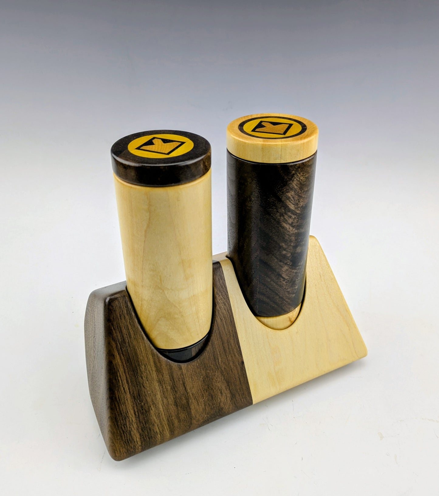 Wooden salt and pepper grinder set with a matching holder Handcrafted in Canada with male and walnut