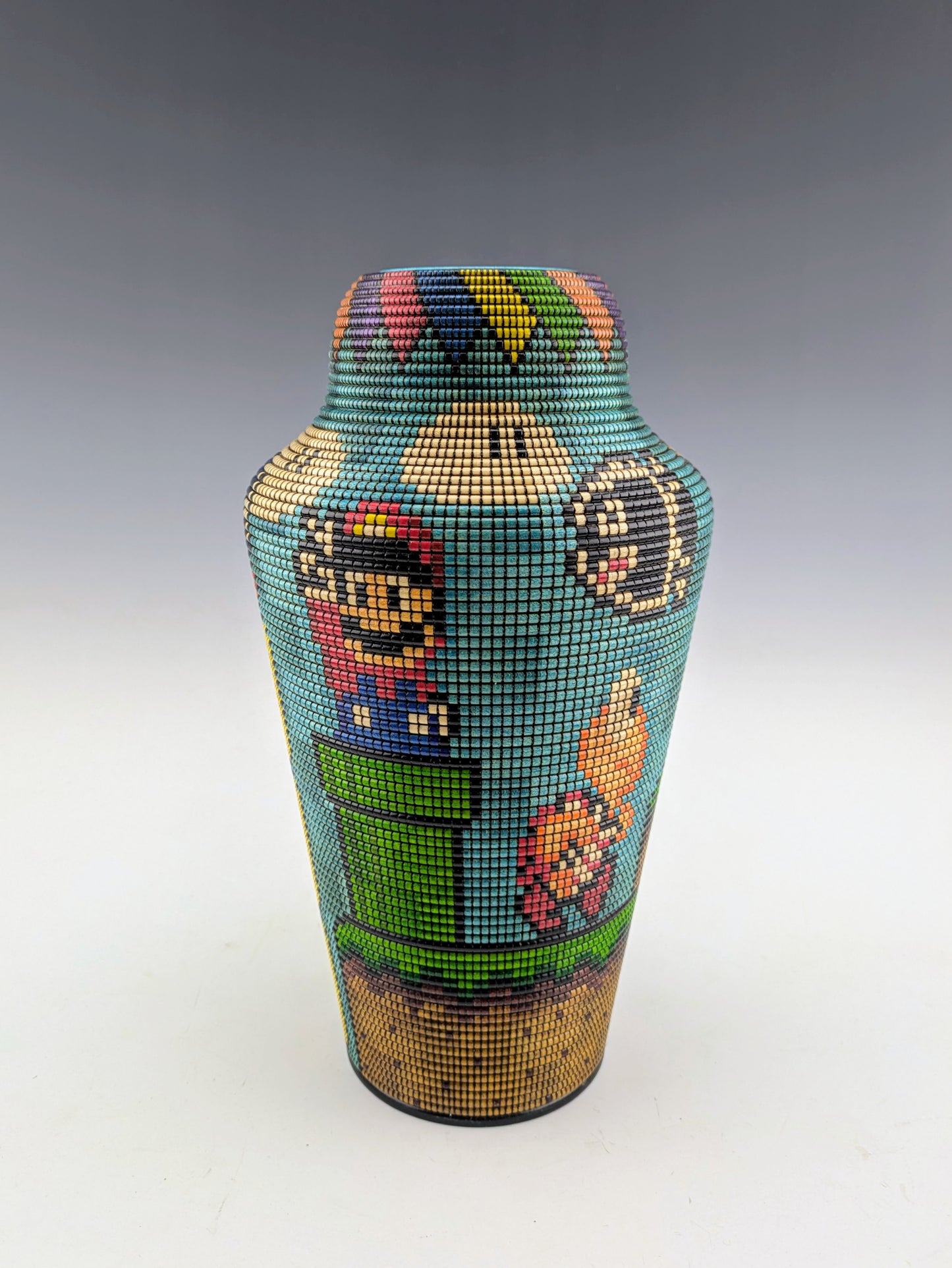 Pixelated Fan Art Vase by Simon Roy. Srewed lid with hidden compartment. Maple, india ink. Handcrafted in Canada. roysbox