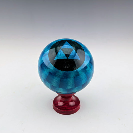 Blue Ball Box on a red pedestal. Maple and walnut. Made in Canada by roysbox