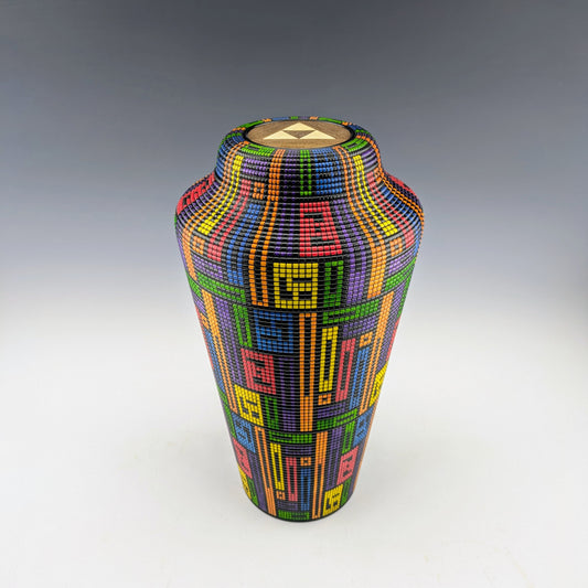 Pixel Art Vase by Simon Roy. Segmented maple, textured and inked one pixel at a time. Threaded lid with hidden compartment. Handcrafted in Canada
