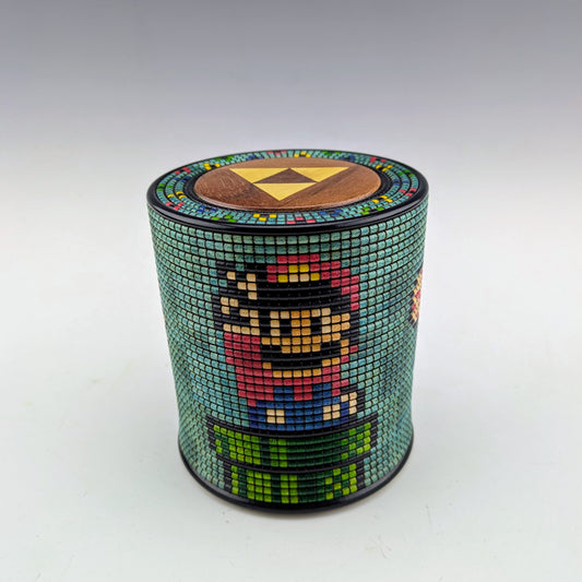 Pixelated wooden box with Marios Bros characters. Handcrafted in Canada by roysbox