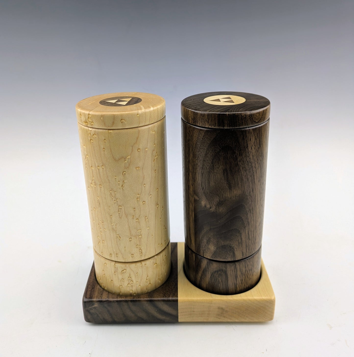 Spice grinder set with a base and screw lids handcrafted in Canada by roysbox with birdseye maple and walnut
