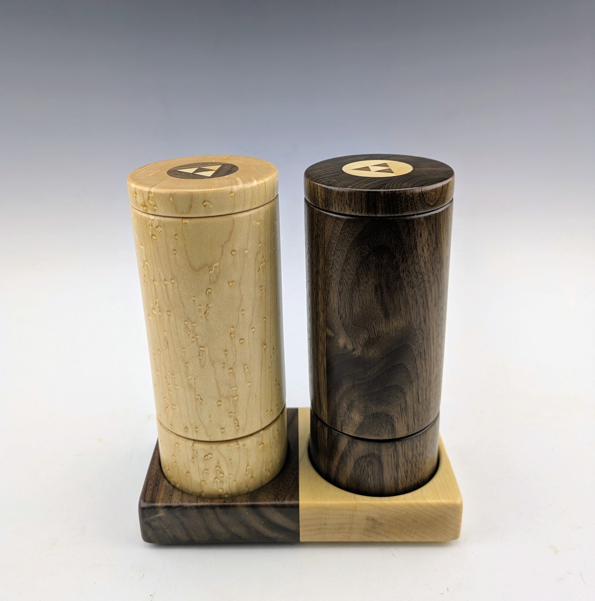 Spice grinder set with a base and screw lids handcrafted in Canada by roysbox with birdseye maple and walnut
