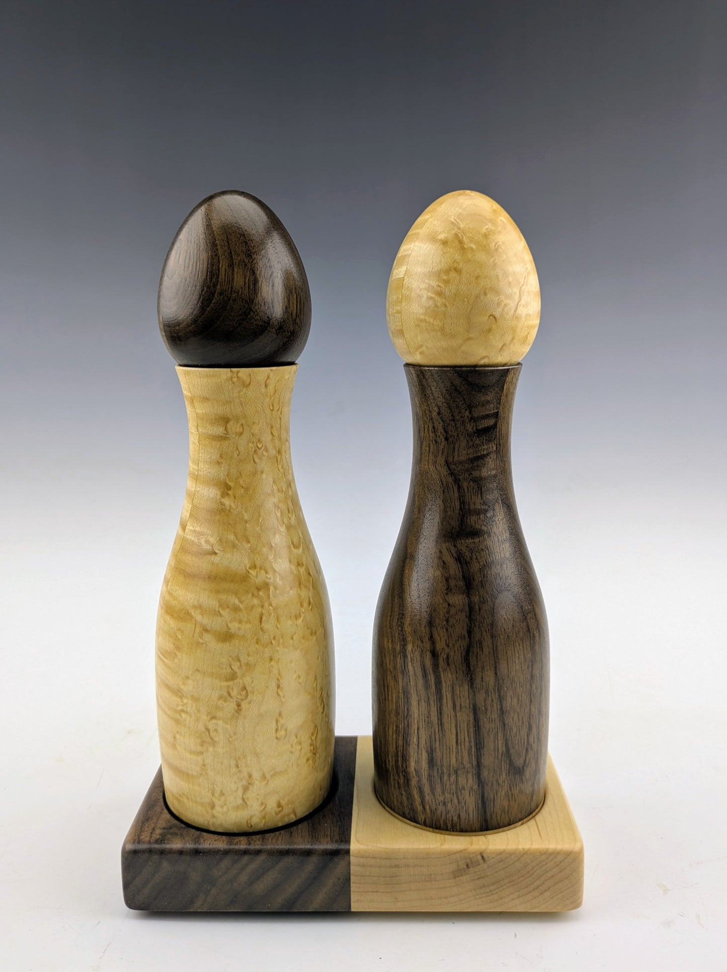 Spice grinder set with egg shaped knobs handcrafted in canada by roysbox birdseye maple and walnut