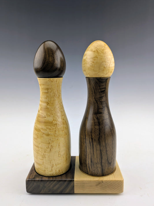 Spice grinder set with egg shaped knobs handcrafted in canada by roysbox birdseye maple and walnut