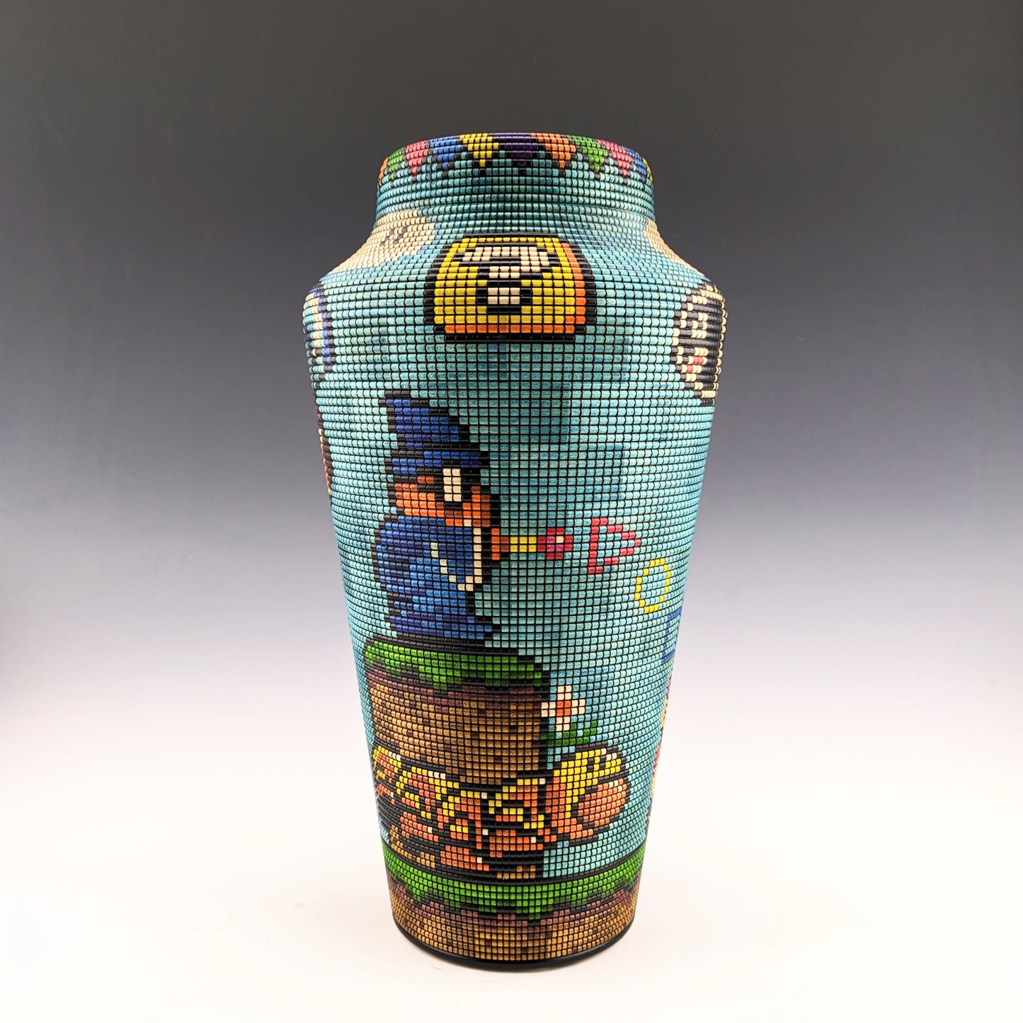 Basket illusion vase by Simon Roy. Segmented maple, textured and inked pixel by pixel with characters from Super Mario World. Handcrafted in Canada
