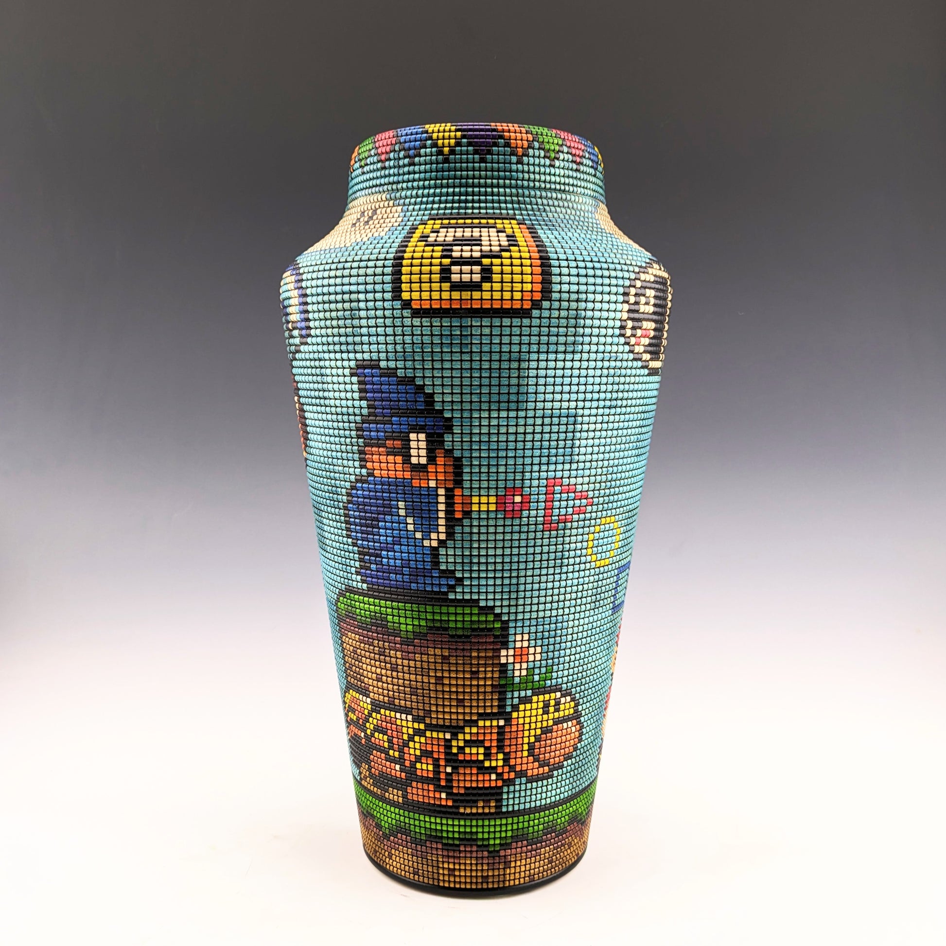 Basket illusion vase by Simon Roy. Segmented maple, textured and inked pixel by pixel with characters from Super Mario World. Handcrafted in Canada