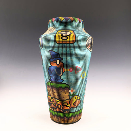 Basket illusion vase by Simon Roy. Segmented maple, textured and inked pixel by pixel with characters from Super Mario World. Handcrafted in Canada