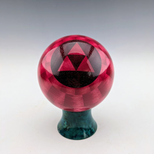 Red Ball Box on a blue burl stand. Made in Canada by roysbox with maple and walnut