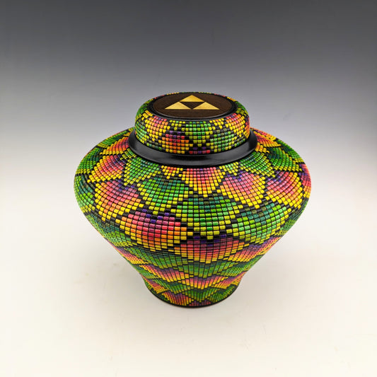 Pixel Art Vase made of segmented maple, textured and inked. Hidden compartment in the lid. Handcrafted in Canada by roysbox