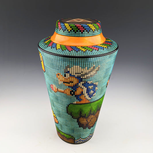 Basket illusion vase with Super Mario characters. Segmented maple, wenge, bloodwood, india ink. Hidden compartment in the lid. Handmade in Canada by roysbox