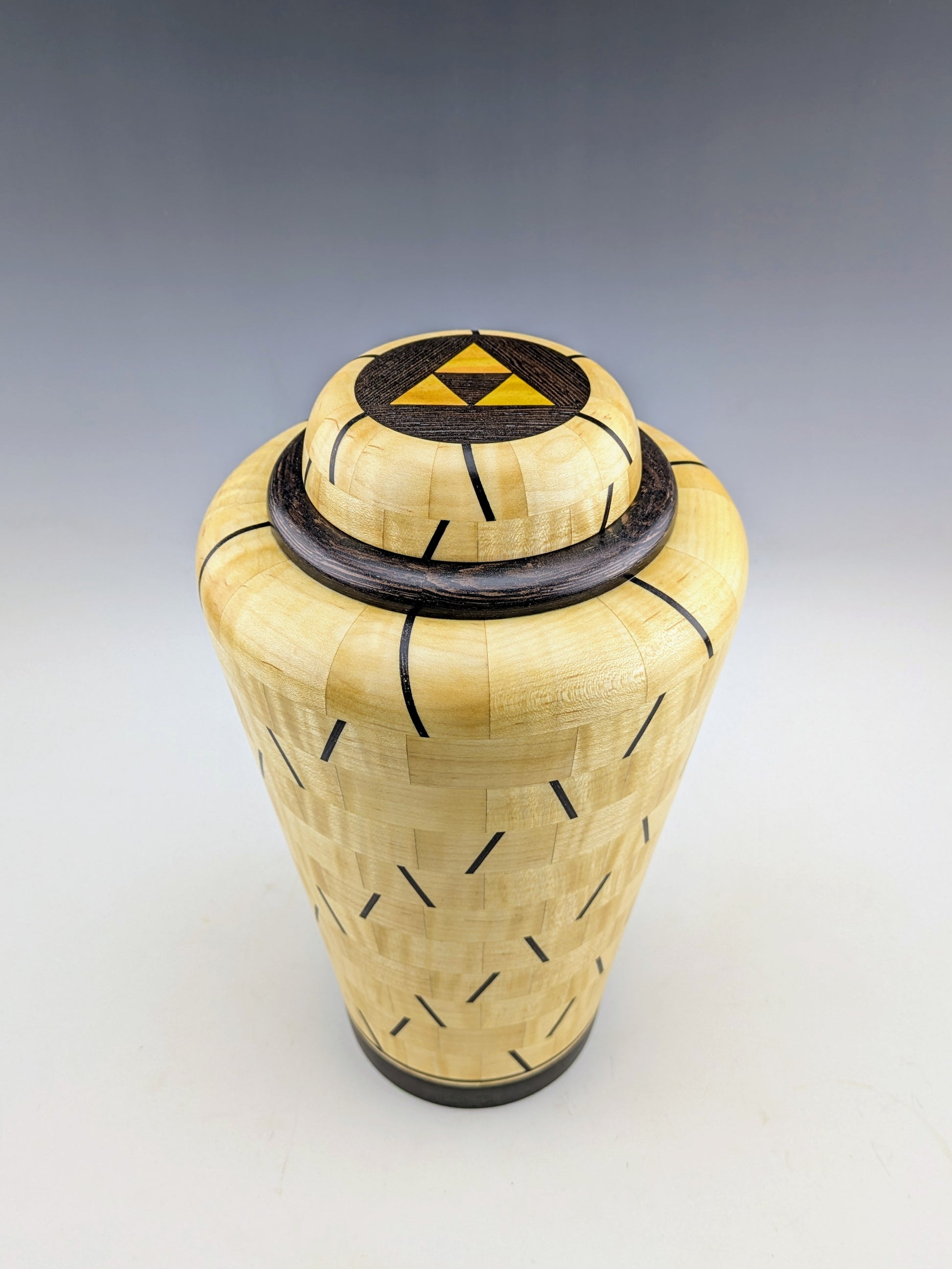 Segmented vase with two hidden compartments, made of maple, wenge and yellowheart. Designed and Crafted in Canada by Simon Roy, roysbox.com 