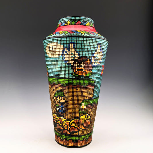 Basket illusion fan art vase with 2 hidden compartments; a threaded lid inside the threaded lid, and hidden box with a threaded lid screwed into the bottom of the vase. That's a lot of threading work, but it's nothing compared to the burning and inking of each individual pixel. Designed and Handcrafted in Canada by Simon Roy