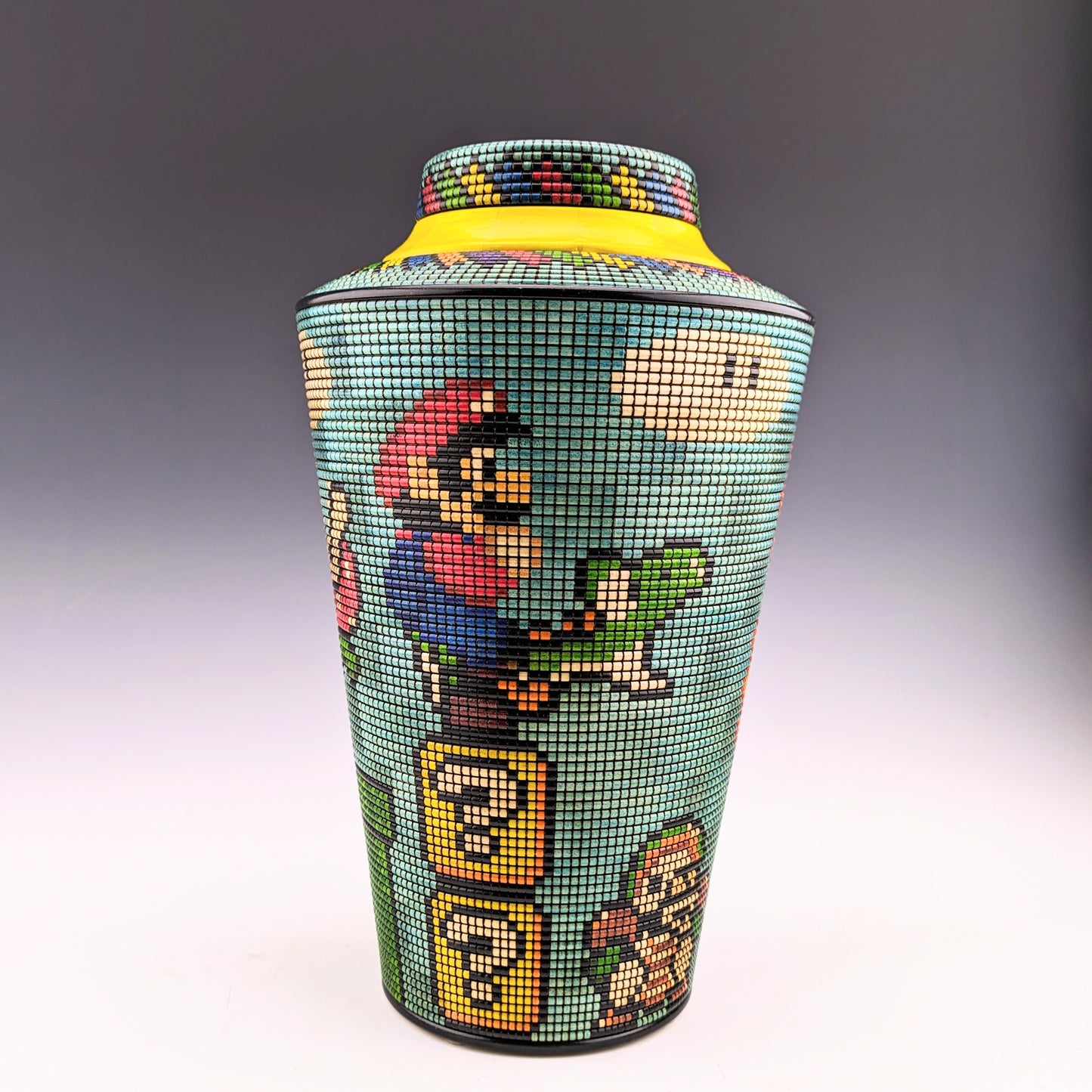 Basket Illusion vase by Simon Roy. Super Mario characters on a pixelized segmented vase made of maple and india ink with a hidden compartment. Handcrafted in Canada. roysbox