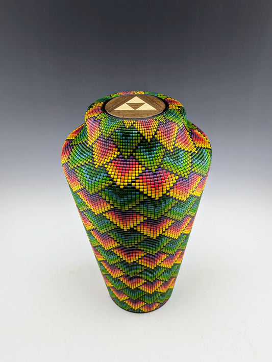 Pixel Art Vase by Simon Roy. Made of segmented maple, textured and inked. Features a hidden compartment inside the threaded lid. Handcrafted in Canada