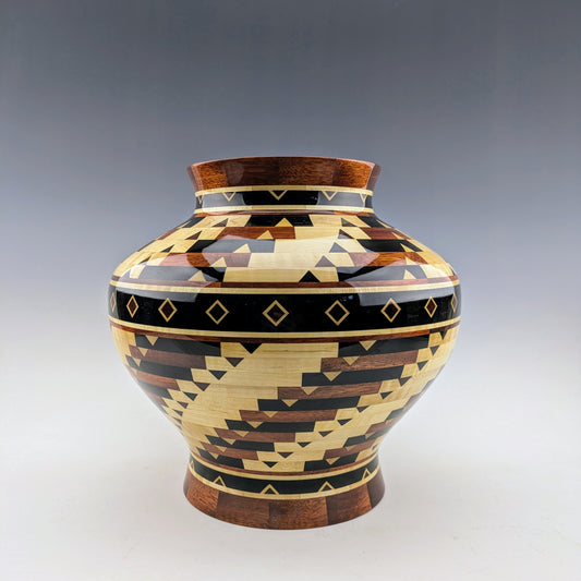 Segmented Vase made of maple, wenge and bloodwood. Handcrafted in Canada by roysbox