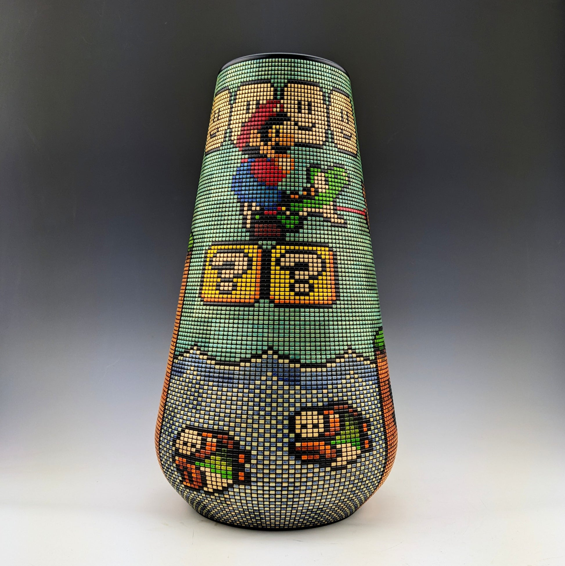 Fan Art Vase by Simon Roy featuring Super Mario World characters in a freezed action scene. Made of segmented maple, textured and inked one pixel at a time. Handcrafted in canada