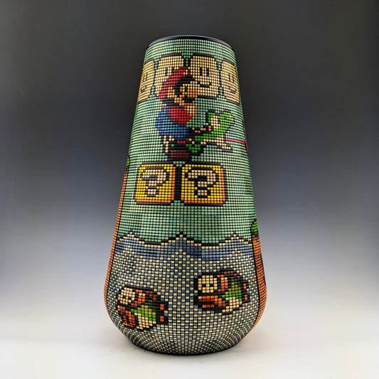 Fan Art Vase by Simon Roy featuring Super Mario World characters in a freezed action scene. Made of segmented maple, textured and inked one pixel at a time. Handcrafted in canada