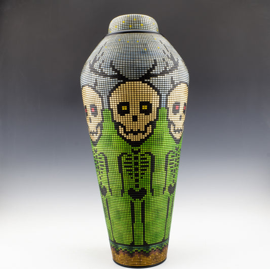 One-of-a-kind Basket illusion vase by Simon Roy. Made of segmented maple, textured and inked. Handcrafted in Canada.