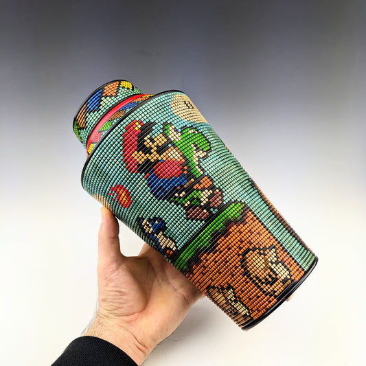 Fan Art Pixelized Vase by Simon Roy. Segmented maple, textured and inked one pixel at a time. Features a hidden compartment. Handcrafted in Canada by roysbox