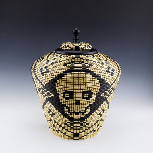Basket illusion vase with skulls. Handcrafted in Canada  with maple and india ink.